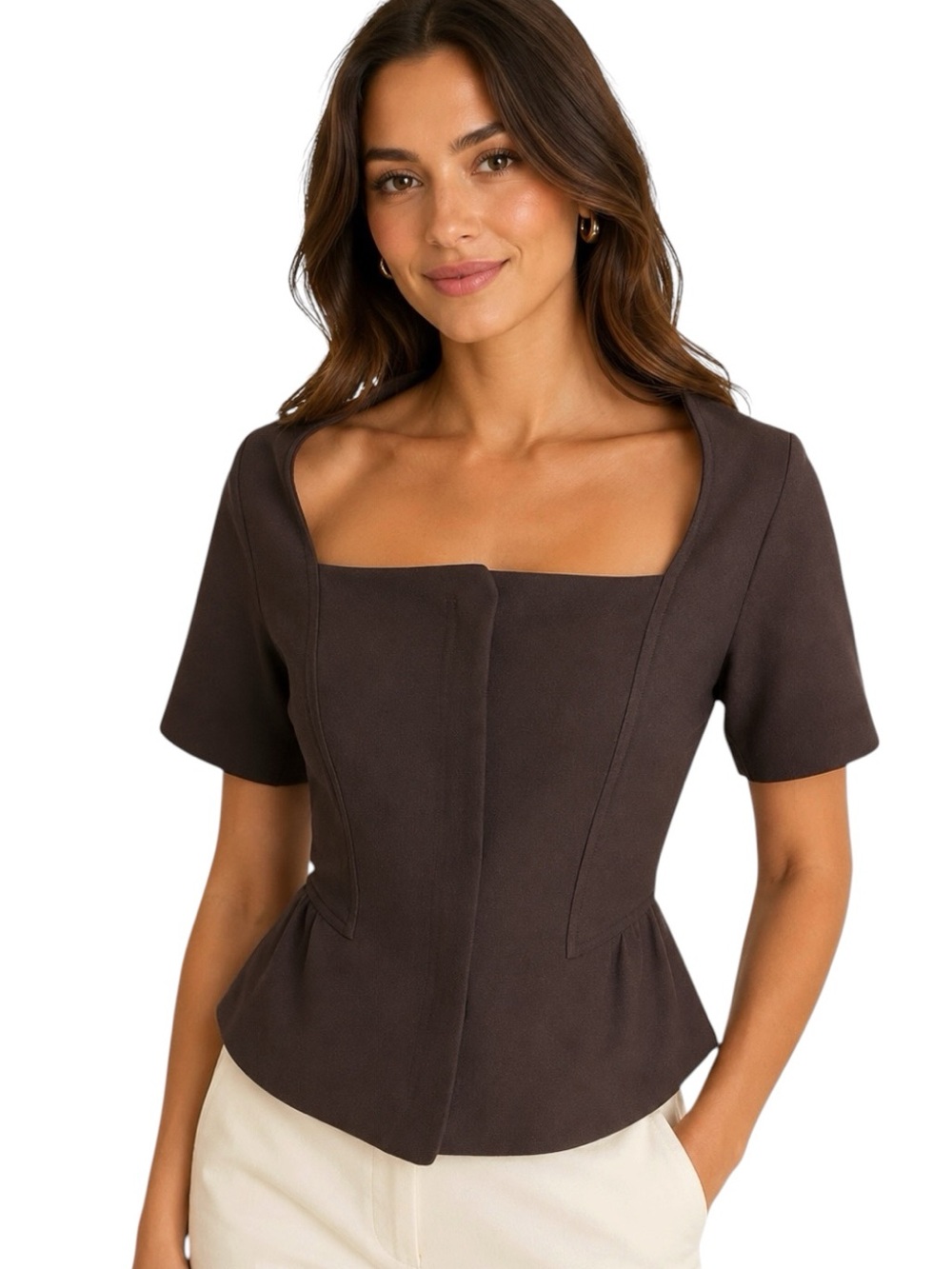 New Charles Chang-Lima Y2k Brown Ponte Knit Peplum Cropped Blazer Top - 8 View 2